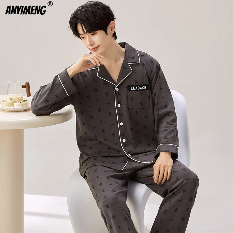 Autumn Winter Faux Cotton Men Pajamas Plaid Pajama Sets Long Sleeves Pants Homewear Elegant Male Pajamas Leisure Pyjamas