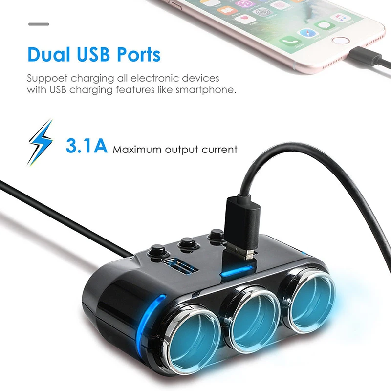 

Black | White 3Way Cigarette Lighter Socket Splitter Power Adapter Dual USB Car Charger