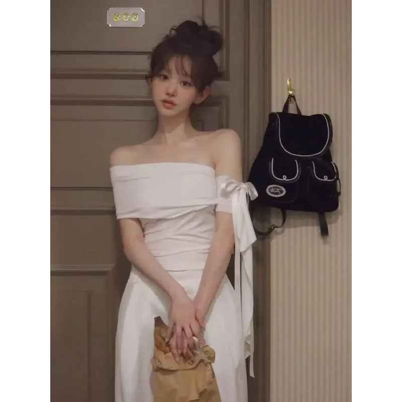 

Новинка 2025, женская однотонная однотонная футболка на шнуровке с нерегулярными наклонными плечами, тонкая футболка с короткими рукавами