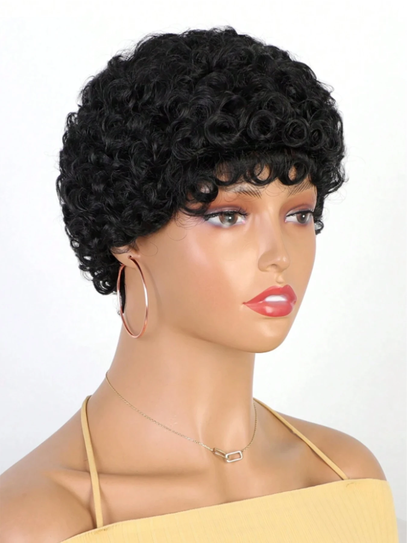 Cut Short Curly Wigs for Women, Synthetic Full Wigs with Bangs, Glueless Daily Wear And Go, Black Color, Heat Resistant, Beginne image 3
