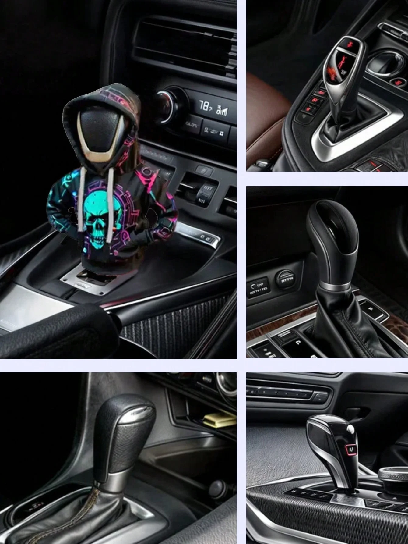 Creative Hoodie Gear Shift Cover – Fun Car Interior Accessory with Neon Skull Print, Soft Anti-Sweat Inner Lining, Easy to Insta