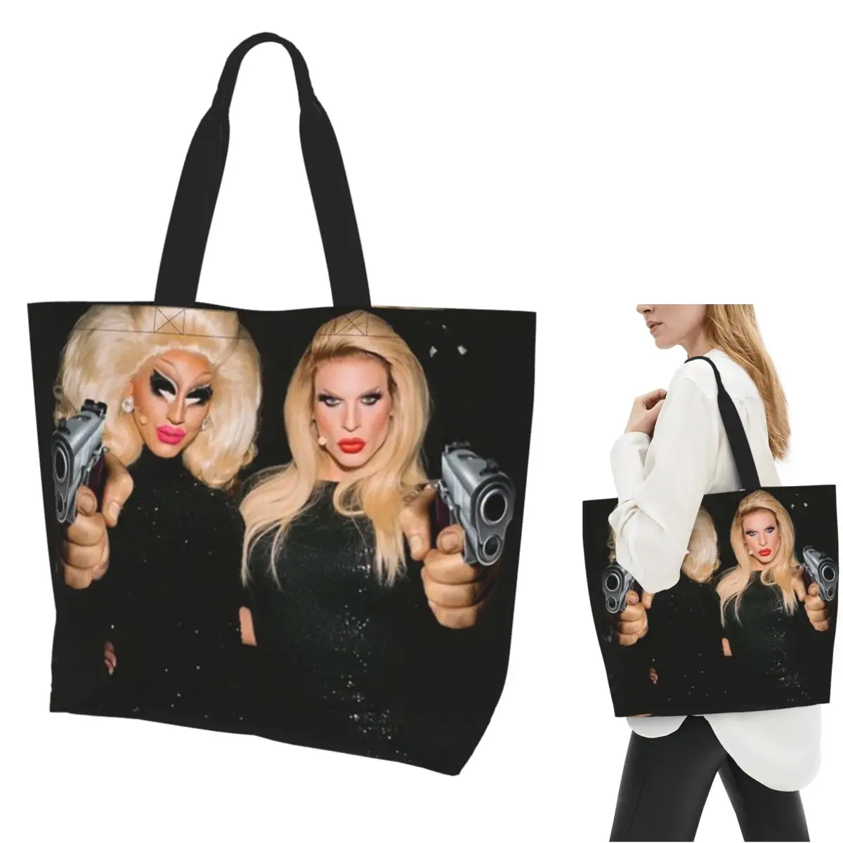Trixie And Katya Behind The Scenes Dangerous Woman Meme Shopping Tote Bag Canvas Shoulder Bags Shopper Grocery Handbag for Women