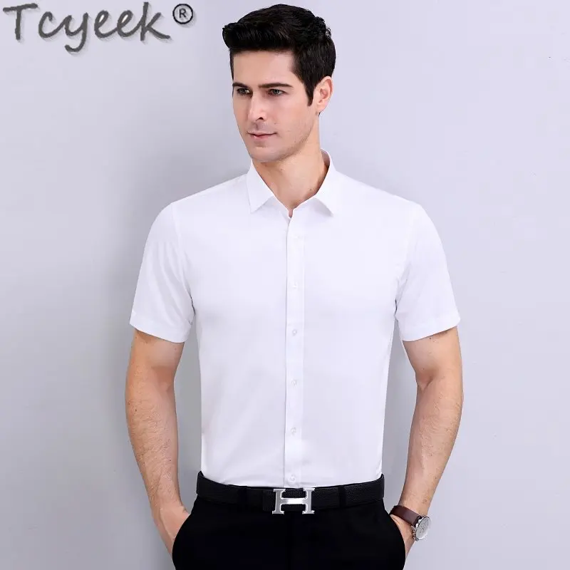 

Tcyeek Men's Real Silk Shirts Summer Short Sleeve Top 100% Mulberry Silk Shirts Business Casual White Shirt Ropa De Hombre LM