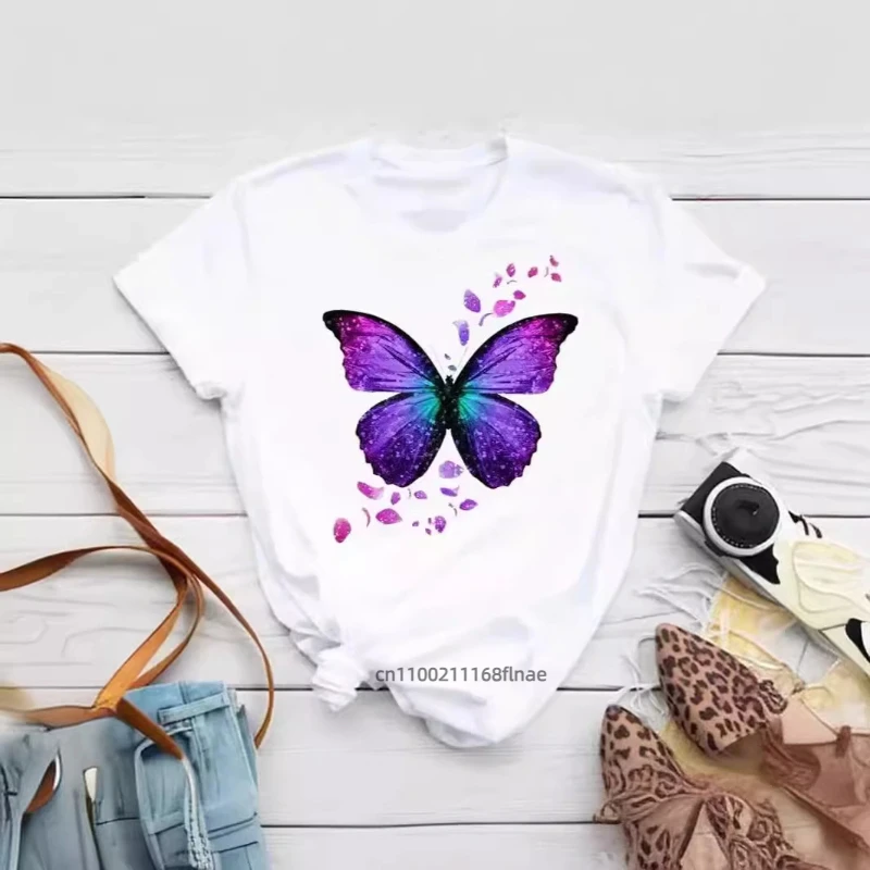 Street Dance-Kleidung für Damen, farbenfrohes T-Shirt mit Schmetterlingsblüten-Aufdruck, kurzärmeliger Rundhalsausschnitt, süßes Muster-Hip-Hop-Oberteil