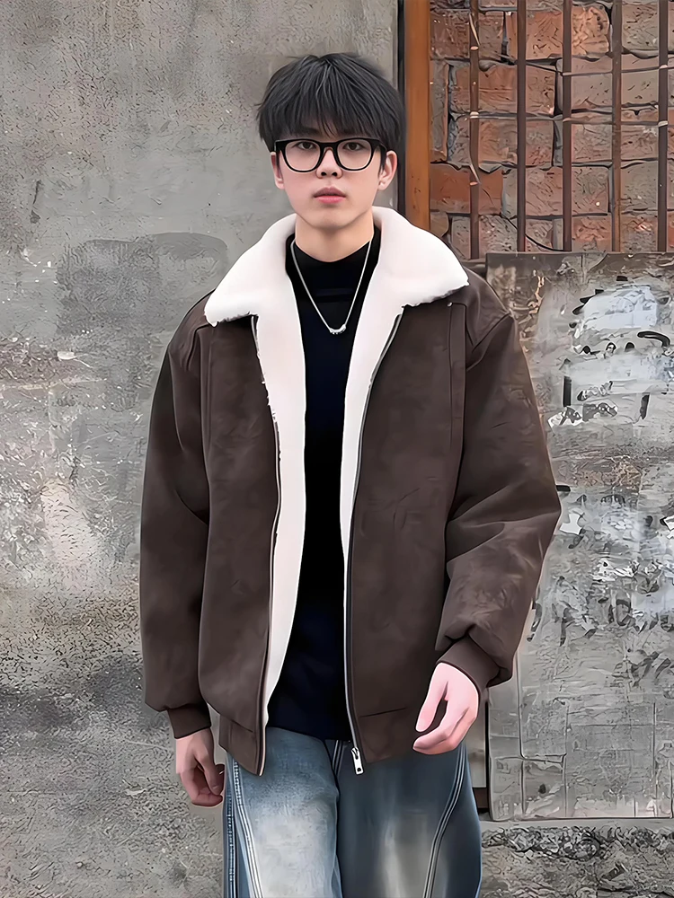 

Thiened Lamb Velvet Fce Jaet Men's Winter Coat American Sle Mountain Eagle Collar Cotton Clothes Stand Fit Cleanfit