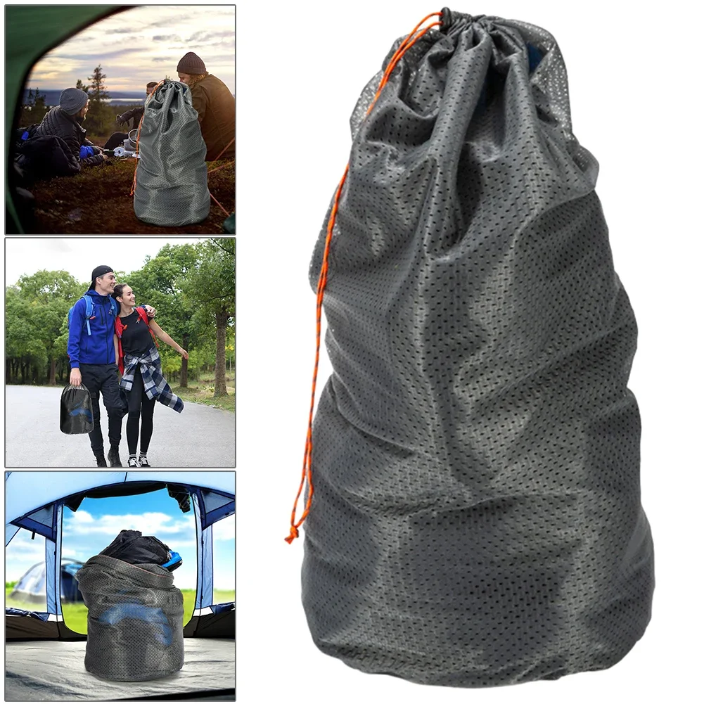 Mesh drawstring storage bag lightweight fill bag large capacity sleeping bag for hiking and camping collapsible mesh  closet bag