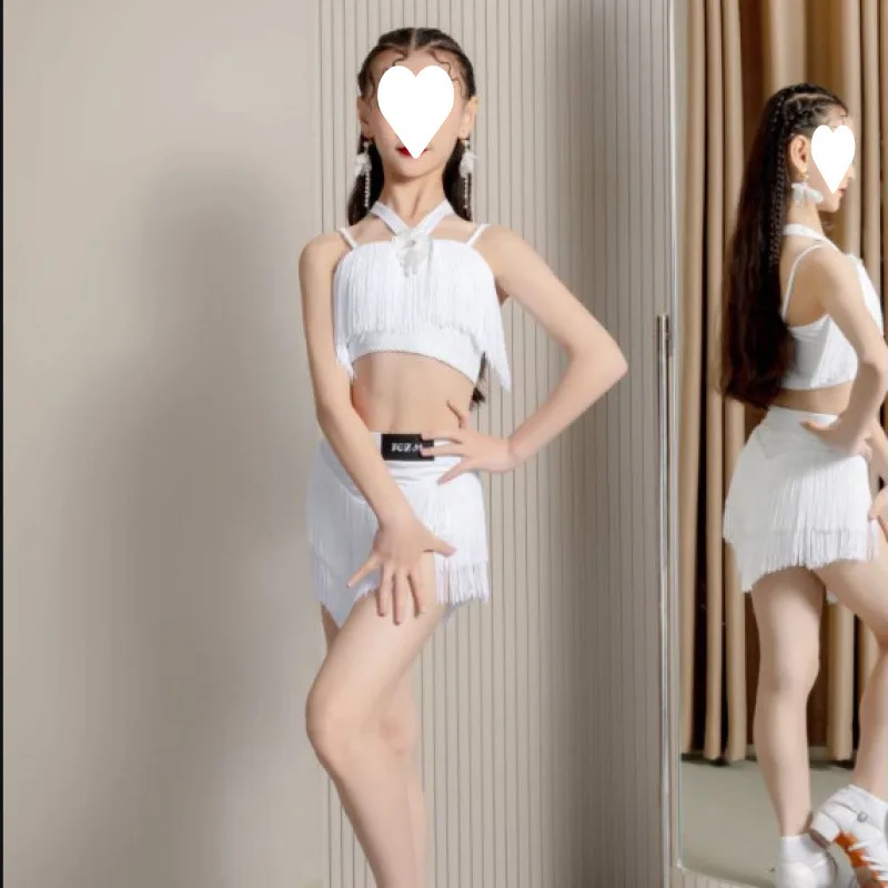 Детский костюм для латинских танцев, костюм для танцевальной практики, белая юбка с кисточками для выступлений