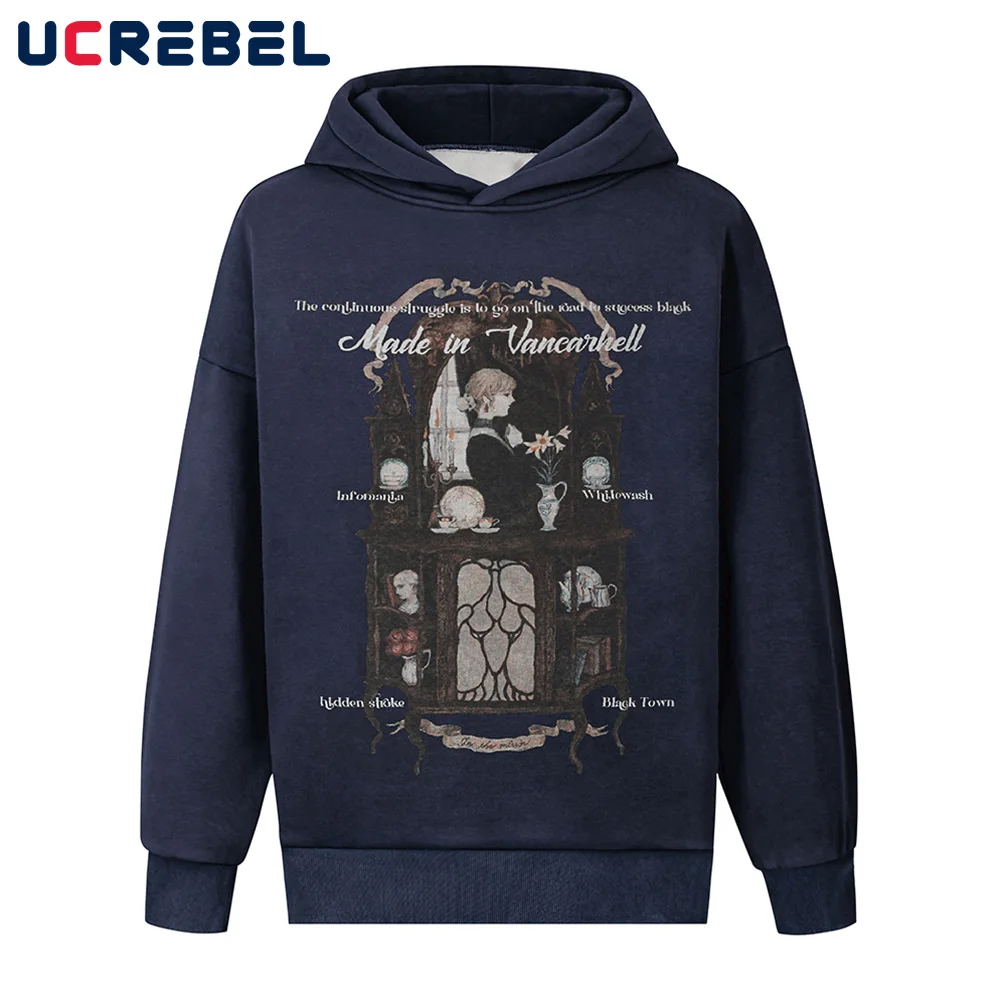 

Retro Pattern Print Hooded Sweatshirts Mens Washed Distressed High Street Autumn Winter Fleece Long Sleeve Hoodies Men