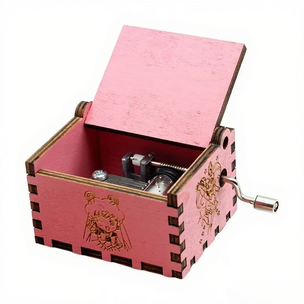 Wood Hand Crank Music Box Mom Dad Daughter Son - Sailor Moon Black Wood Color White Square 6.4×5.2×4.2cm 1 Music Box -