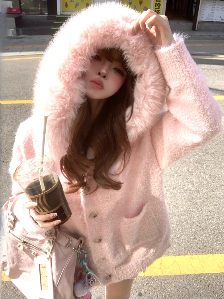 

Korean Faux Fur Coats with Hooded Women Long Sleeve Slim Knitted Cardigan Outwear Spring Elegant Vintage Jacket Chic Pure Color