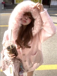 Korean Faux Fur Coats with Hooded Women Long Sleeve Slim Knitted Cardigan Outwear Spring Elegant Vintage Jacket Chic Pure Color