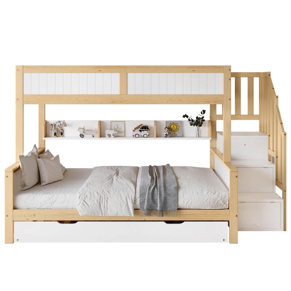 PINGGO Etagenbett 90x200/90x190/120x200cm mit Fallschutzgitter, 3-stöckiges Rollbett mit Kleiderschrank und Eck-Treppe, ohne Matratze – Detail 10
