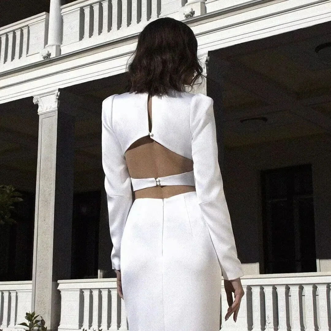 Vrouwen Midi Bandage Jurk V-hals Split Uitgesneden Elegante Bodycon Sexy Mode Volledige Mouw Jurken Club Avondfeest vestidos