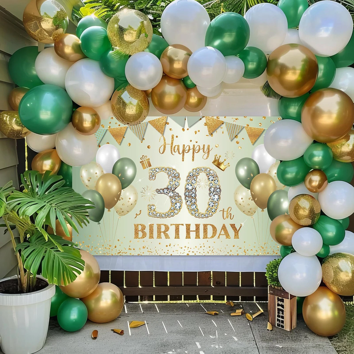 Salbeigrüner Goldener Geburtstags-Hintergrund mit Diamant-Ballonmuster aus Polyester für Geburtstagsfeier-Dekoration & Fotokabinen-Requisiten – Detail 1