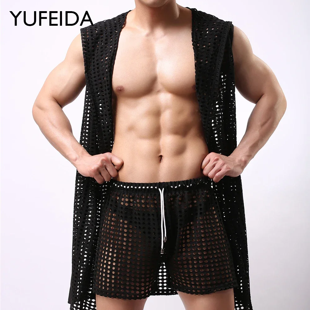 YUFEIDA Men Robes Sexy Fishnet Mesh Bathrobe Sleepwear Male See Through Sleeveless Hooded Bath Robe Lounge Nightgown BathRobes