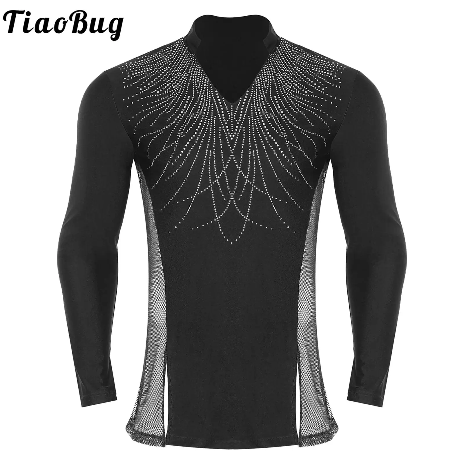

Men Dance Latin Ballet Gymnastic Shirt Glittery Rhinestones Long Sleeve Patchwork Side Mesh T-shirt Dancewear for Tango Ballroom