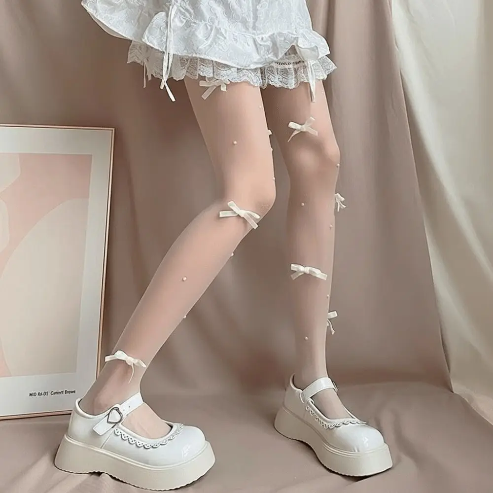 Sweet Butterfly Knot Pearl Stockings Pearl Embroidery Velvet Bow Pantyhose Breathable Fabric Leg Shaping Lolita Stockings