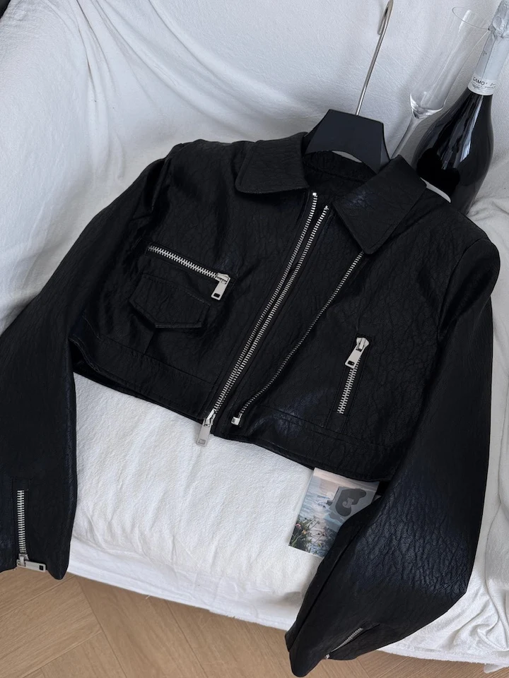 Vintage Sle Or Motorcycle Jaet Cappotto da donna in pelle PU Bla Doppia cerniera lusinghiero taglia cactta Faionable