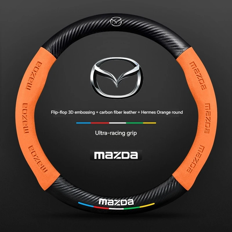 For Mazda 3 5 6 SKYACTIV Axela Atenza CX30 CX5 CX8 CX9 MX5 RX8 RX7 BT50 Carbon fiber Suede Car Steering Wheel Cover Accessories