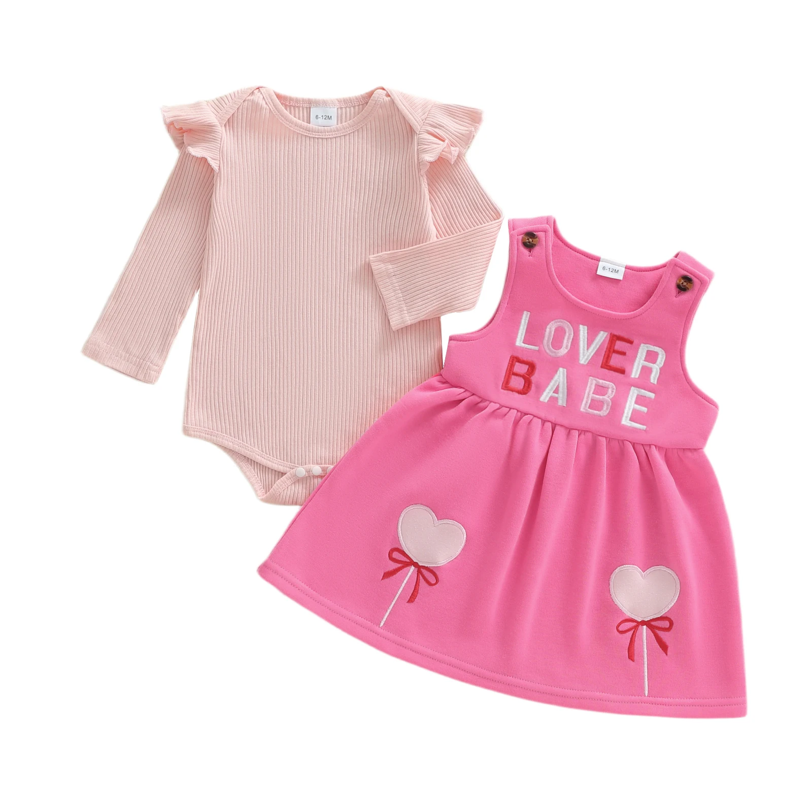 Baby Girl Valentines Day Outfit Solid Ribbed Long Sleeve Romper and Letter Heart Overall Dress 2 Piece Set