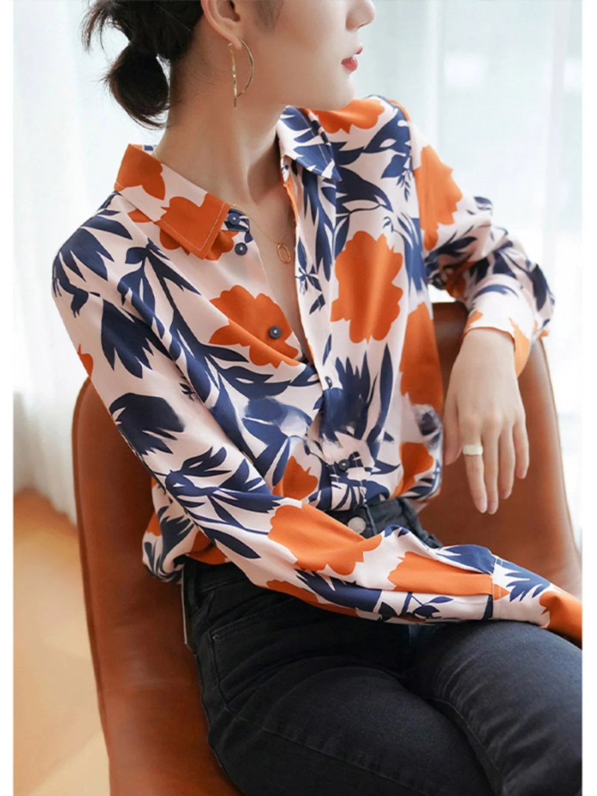 

Faionable Printed Long Sve Ne irt Women's Loose Casual Sle Slimming Autumn Top Polyester Commute Sle
