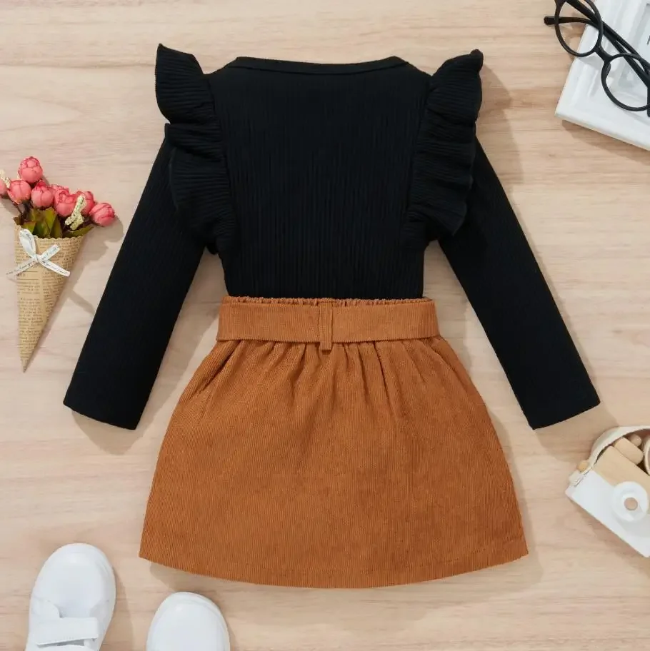 Toddler Girl Autumn Skirt Set Solid Color T-Shirt Tops Corduroy Mini Skirt Outfits Vintage Fashion Girls Fall Clothes Set