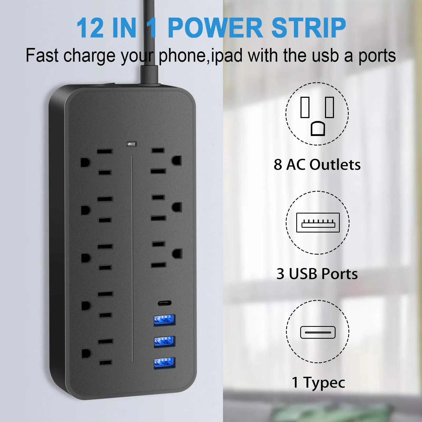 Regleta de alimentación Universal Multi Tap con cable de extensión de 1,2 m, toma de corriente de EE. UU. Con 8 tomas de CA y 3 puertos USB y 1 puerto tipo C