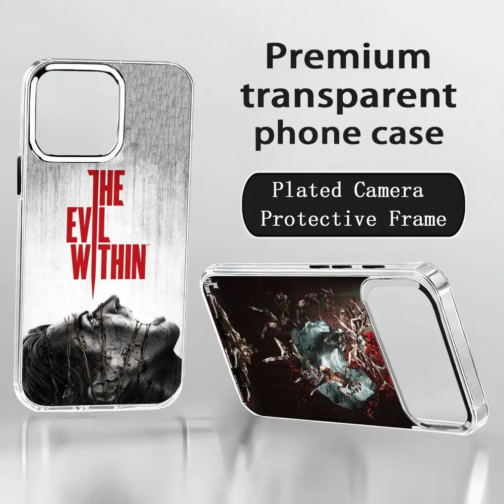 Coque de téléphone The Evil W-Within pour iPhone 17 Air 16 15 14 13 12 11 Pro Max Plus avec bouton chromé et anneau de caméra transparent