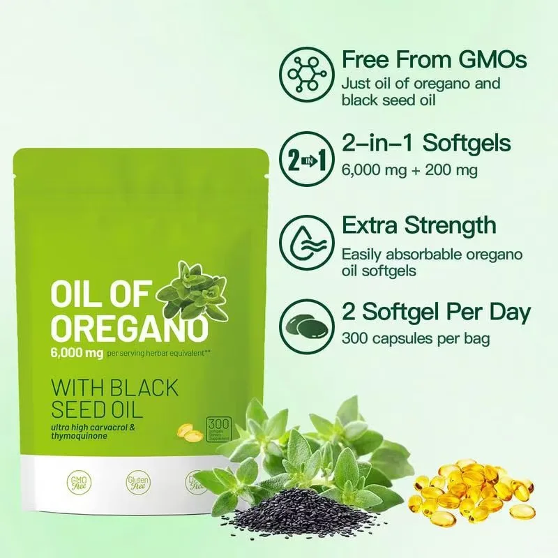300 Oregano Oil Softgels with Black Seed Oil Promotes Digestion and Intestinal Health Antioxidant,Enhances Immunity