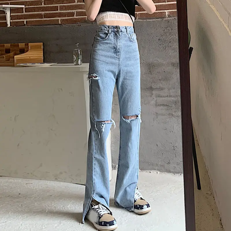 

2023 Women's Ripped Jeans Spring And Autumn Large Size High Waist Loose Slimming Ladies Comfortable Slit Mop Trousers