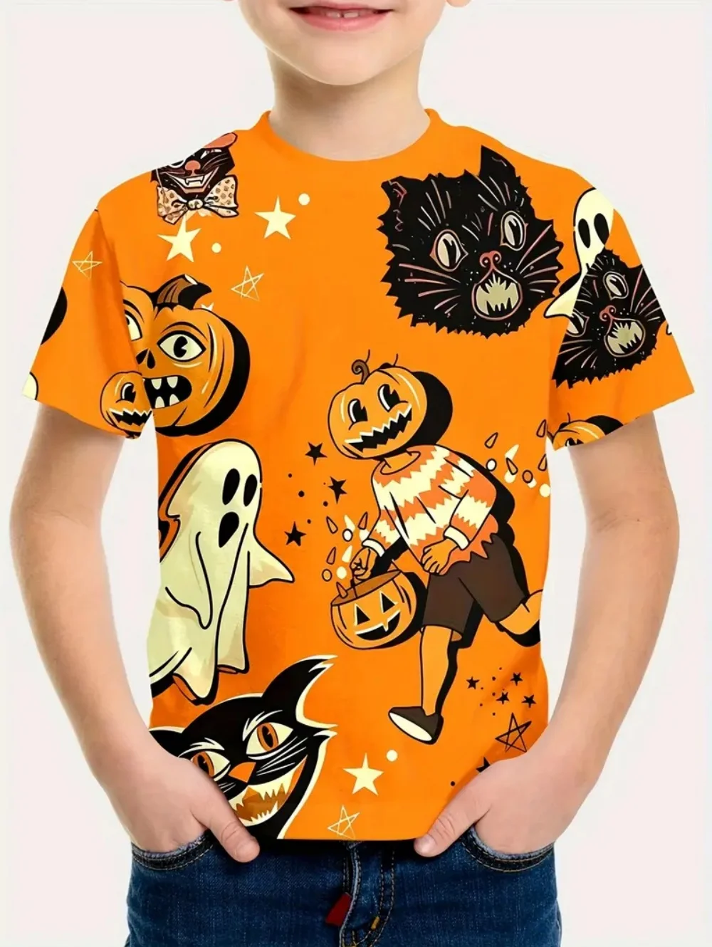 Halloween T-shirt Harajuku Pumpkin Print Short Sleeve Vintage Kids Clothes Holiday Spooky Children's Clothing Graphic T-shirts