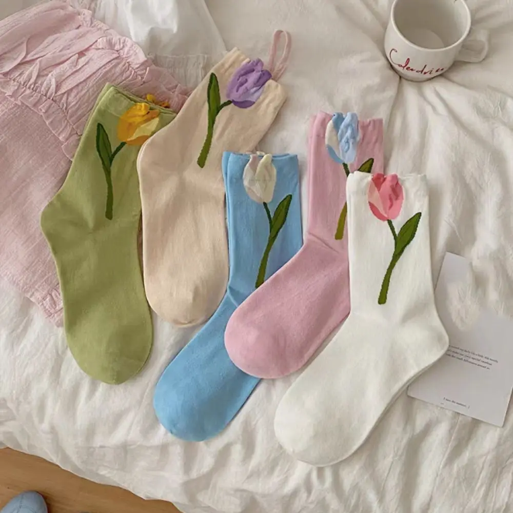 

5Pairs Cute Thin Tulip Flower Socks Sweet Breathable Mid Tube Socks Female Hosiery Socks for Women Lady