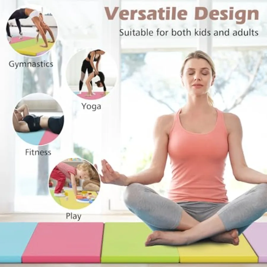 Gymnastics Mat for home gym aerobics yoga: PU leather rainbow color folding 3-panel/5-panel design with carrying handles and ho