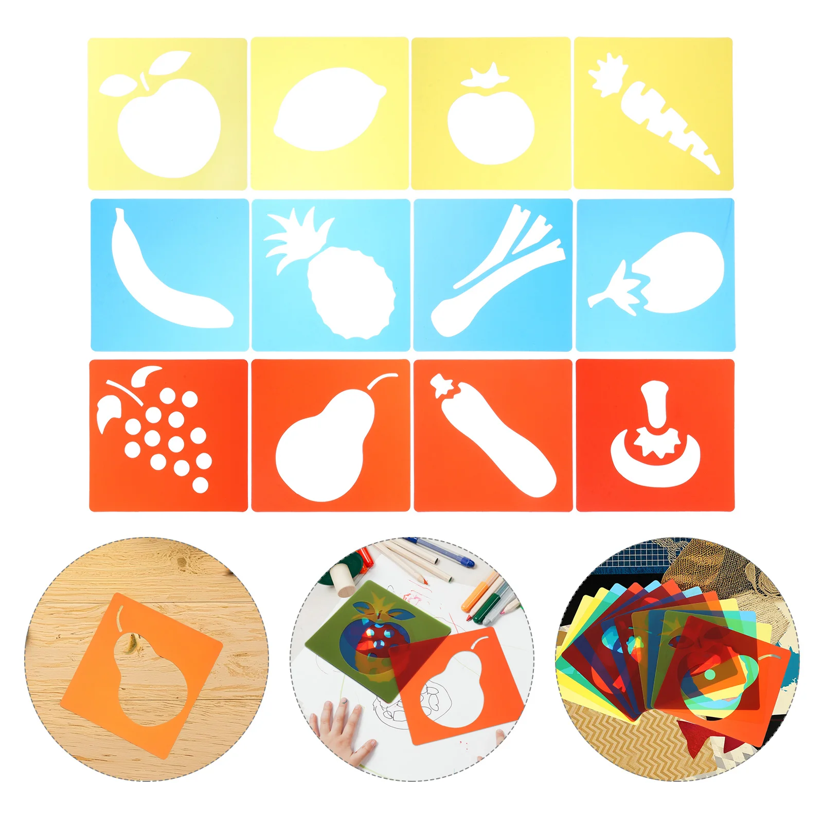 12 Pcs Drawing Template Plastic Stencils Kids Crafting Toddler Templates Fruits Mold Geometric Shapes Safe Material Educational