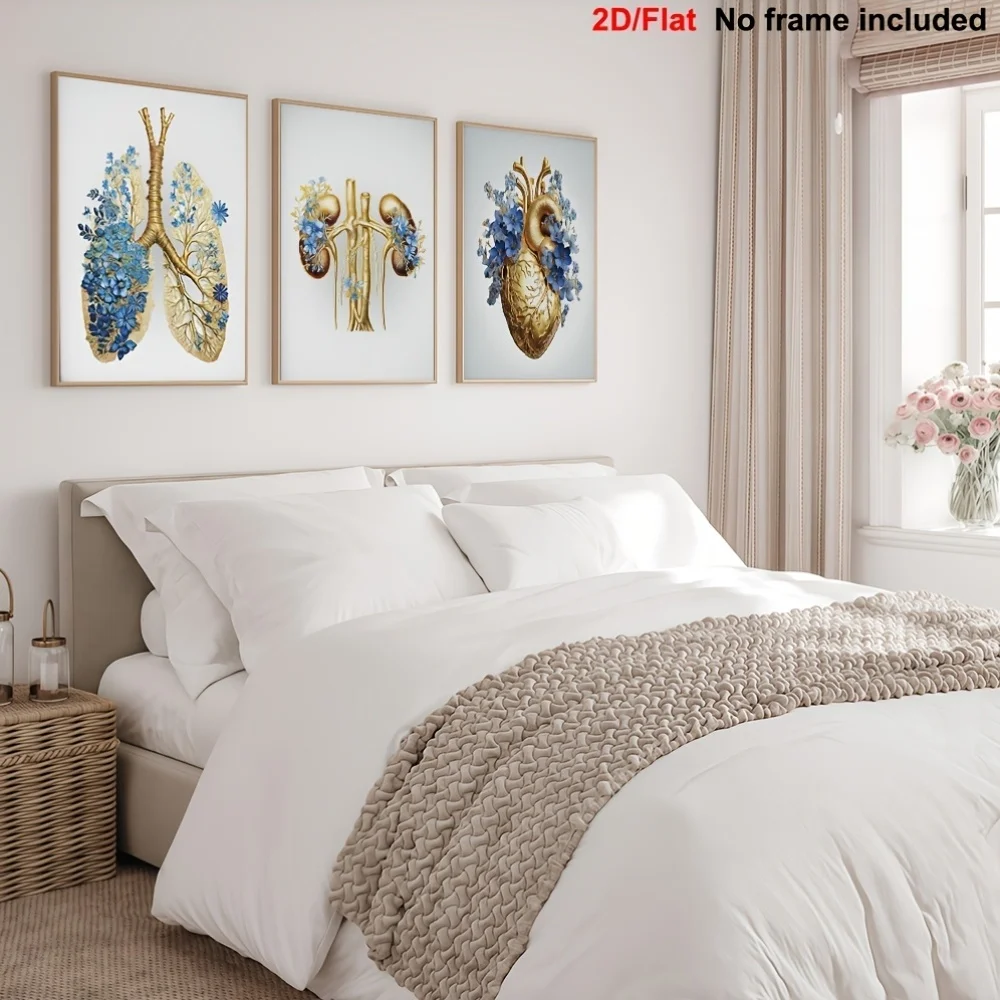 2D Flat, 3pcs Living Room Decorative Art Set, 2D Flat Frameless Exquisite Canvas Paintings, Anatomical Organ Art Medical Offi