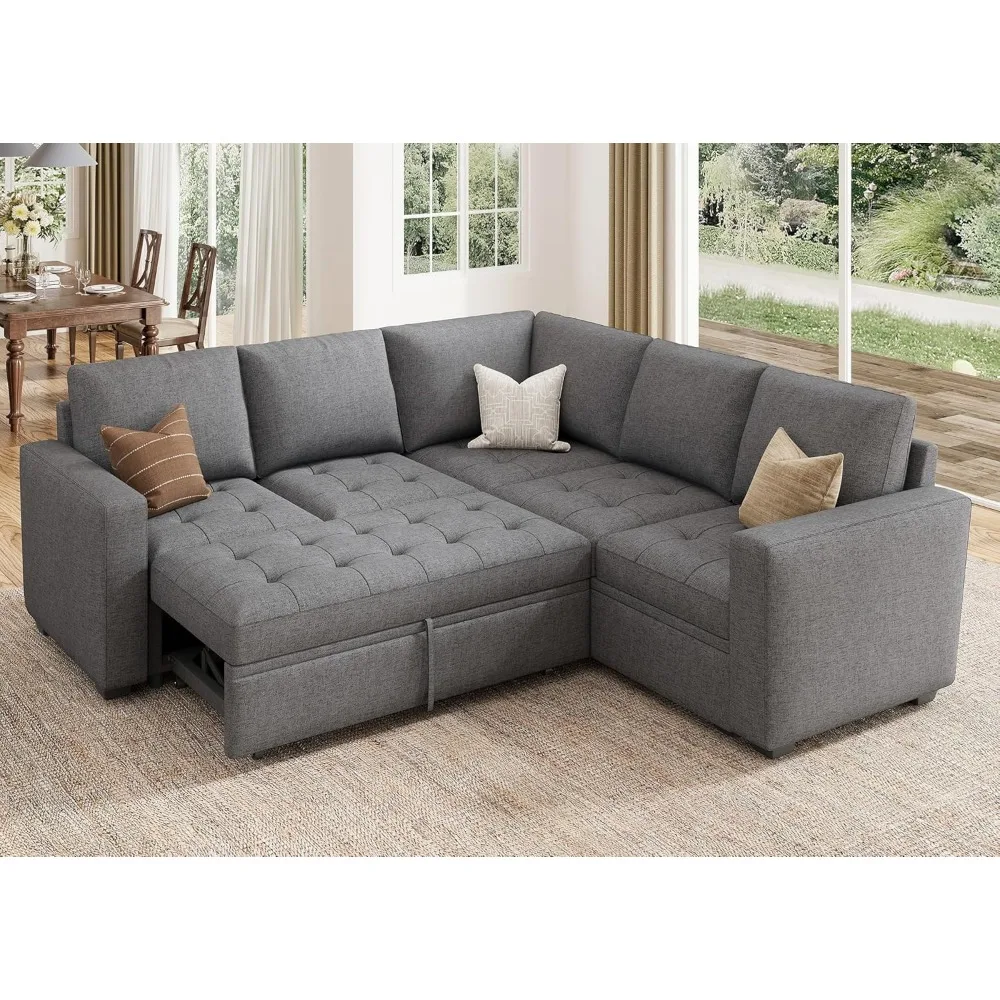 Modular Sectional Sleeper Sofa with Pull Out Bed, Linen Convertible L Shaped Sectional Couch with Storage Seat,Sectional Couches