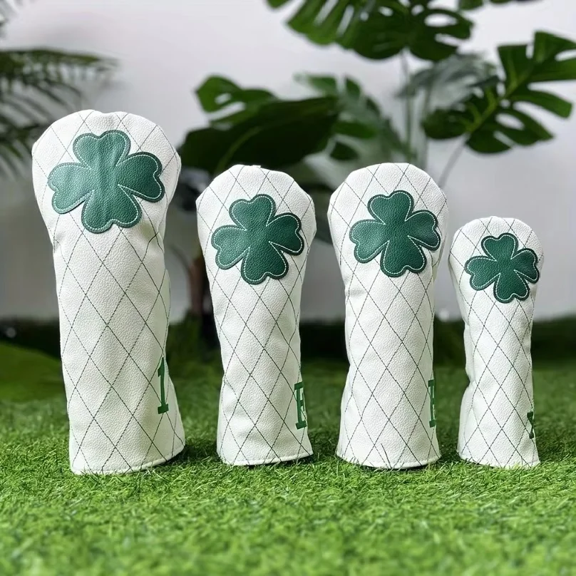 1pc 3pcs Golf Headcovers, Driver Fairway Hybrid Head Cover, Lucky Clover Cross Pattern Golf Head Cover With Number Tags