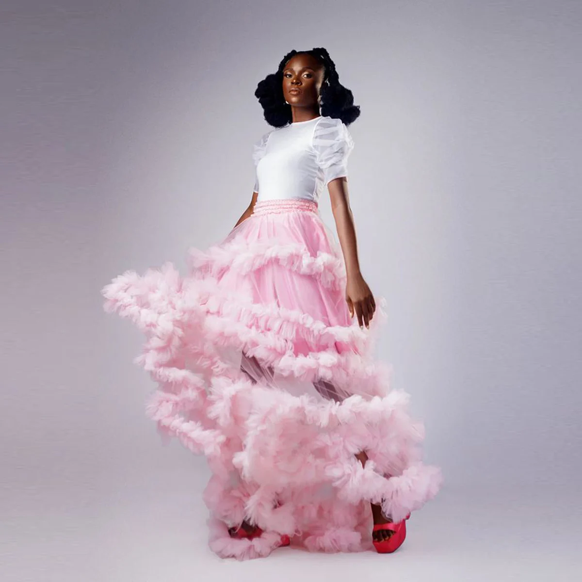 

Розовая юбка-макси Princess Cake с эластичным поясом, оборками, прозрачными вставками, А-силуэт, для танцев и дня рождения, на заказ, любой цвет и размер