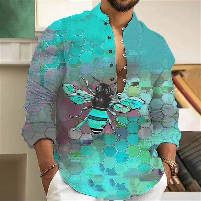 

Men's shirt Little Bee 3D printed men's casual button long sleeved shirt men's spring and summer top men's