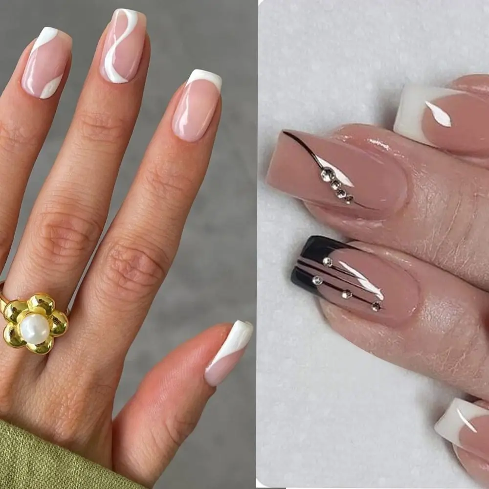 24 قطعة من أطراف الأظافر الكريستالية المموجة والأظافر المزيفة الطويلة المربعة الفرنسية