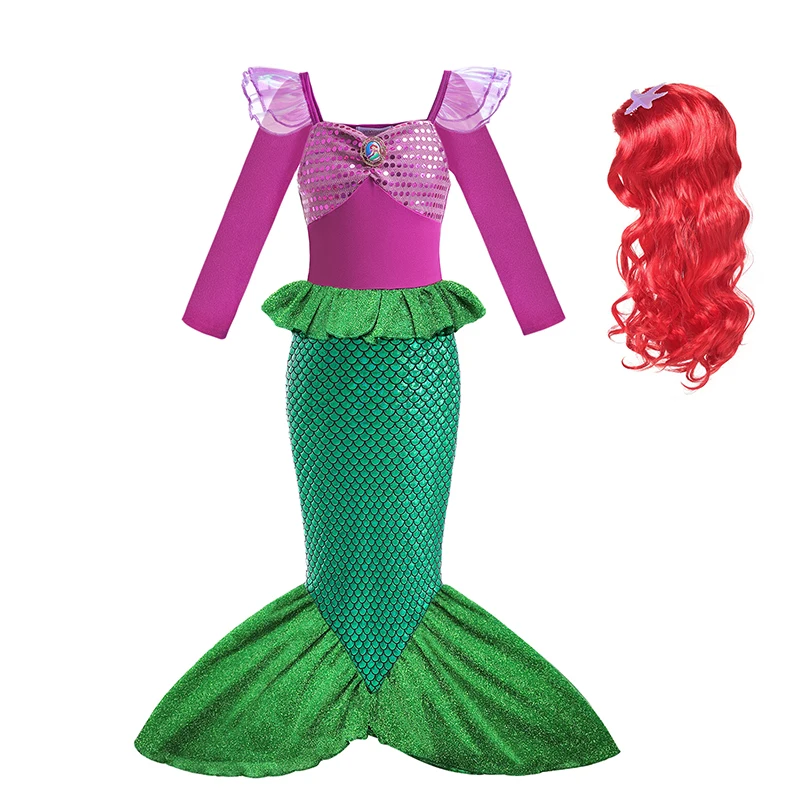 New Little Mermaid Ariel for Girls Kids With Wig Crown Set Children Halloween Birthday Christmas Party Cosplay Accessories Gift