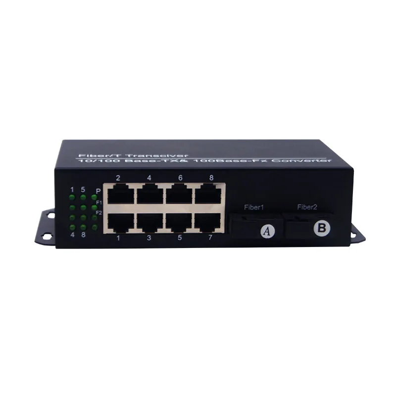 

10/100Mbps 20km Fiber Optic Media Converter 2 SC To 8 RJ45 Single Fiber Single Mode Plug & Play Ethernet Optical Transceiver