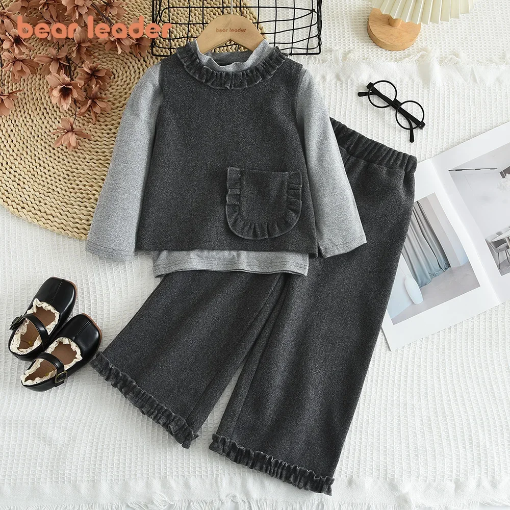 Bear Leader Autumn New Casual Girls' Set Grey Half Collar Bottom Shirt+Woolen Tank Top+Lotus Leaf Side Pants 3PS Autumn Clothing