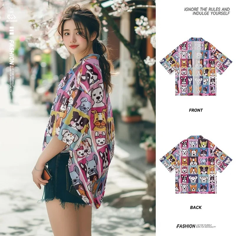 سترة هاوري كارتونية لطيفة على شكل كلب مطبوعة كيمونو ملابس الشارع للرجال والنساء ملابس يوكاتا للشاطئ على الطراز الياباني رداء أنيمي مقاس كبير #3
