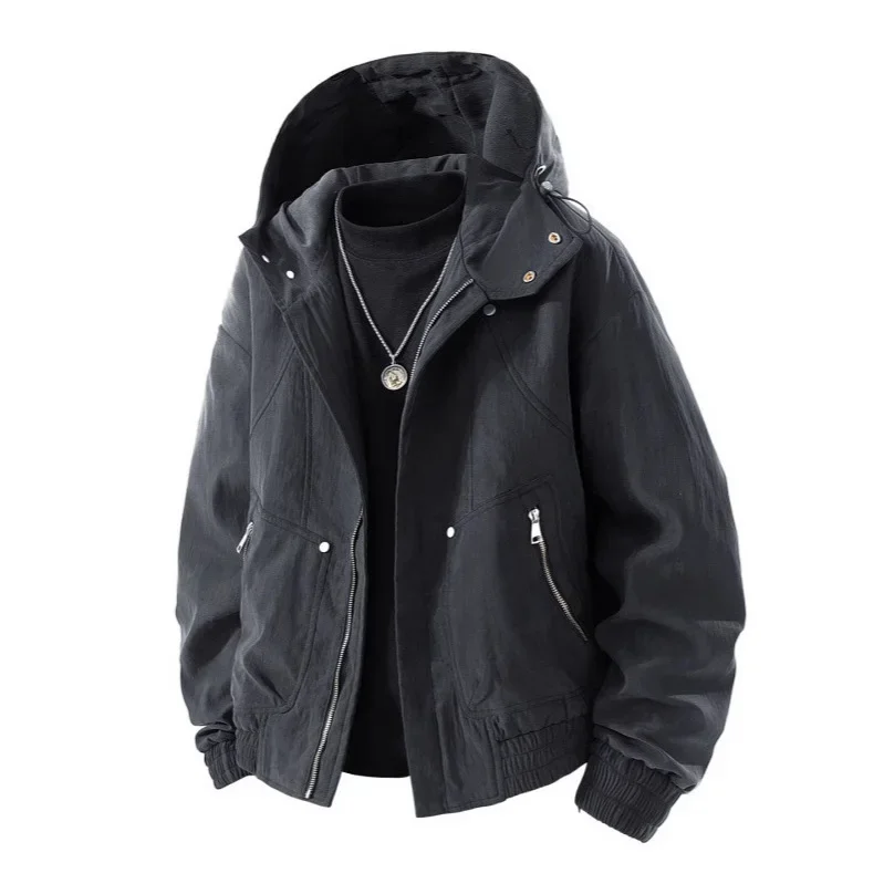 

Autumn Men Cargo Coat New Fashion Solid Color Long Sleeve Male Hooded Coat Windproof Zipper Pocket Loose Daily Man Outerwear