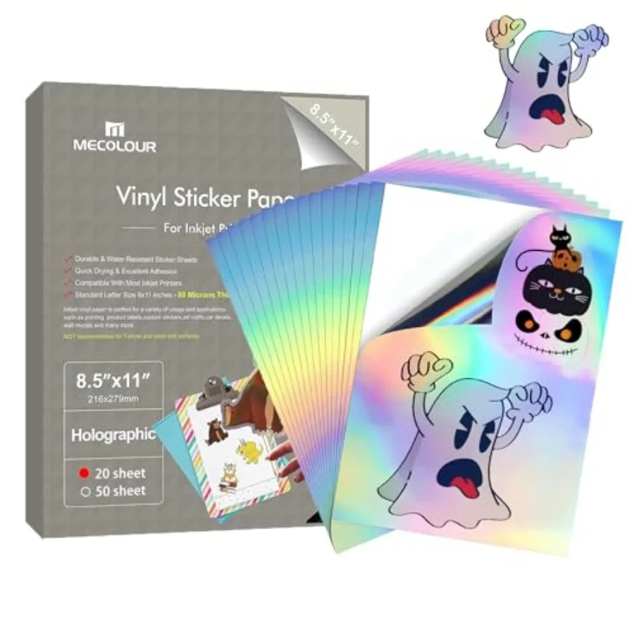 Holographic Sticker Paper 8.5'' 11'' Printable Premium Rainbow Vinyl, Waterproof, Dries Quickly Vivid Colors, Holds Ink Well- T