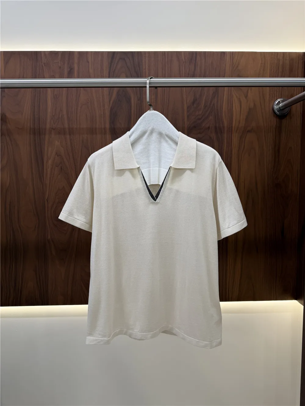 Women Wool-Silk Blend Polo Shirt Top Beaded Loose Short-Sleeve Knit Top