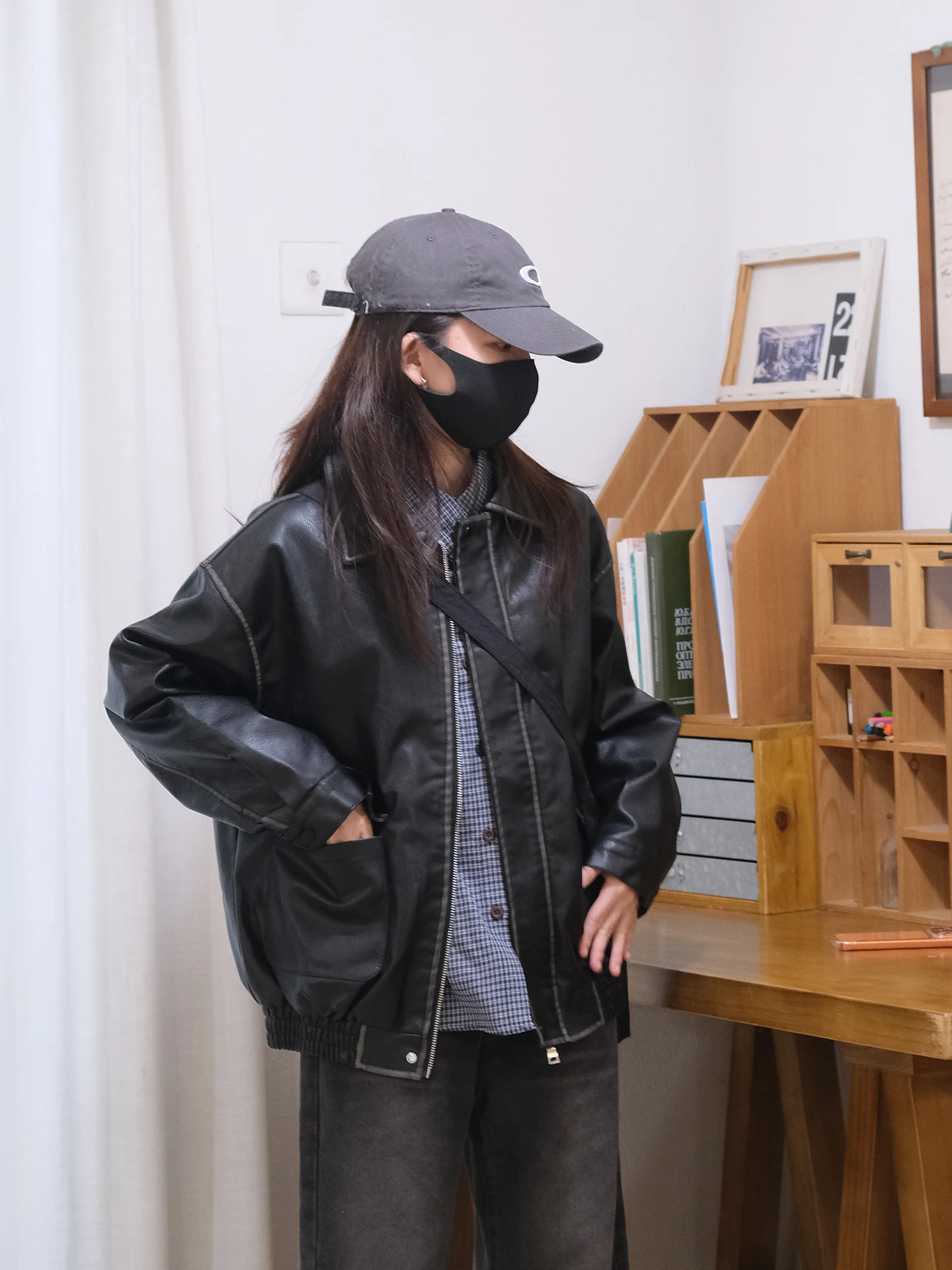 여성용 블랙 가죽 재킷 캐주얼 스타일 긴팔 지퍼 여밈 가을 아우터 스몰 사이즈 3세용