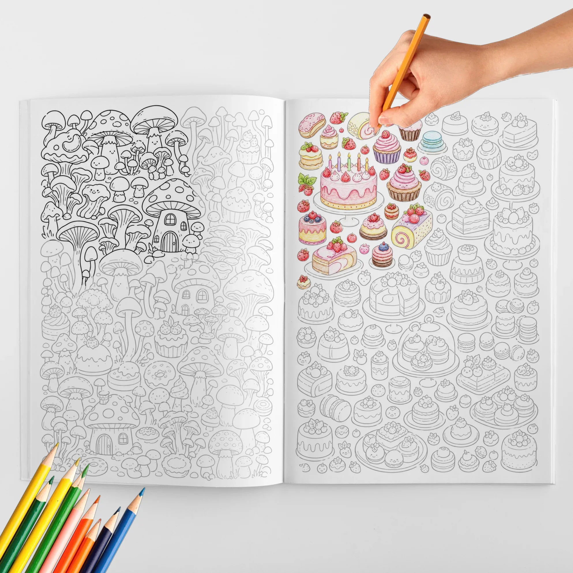 Foodie Doodles Sketch, Trace & Coloring Book, Cute Desserts, Cakes, Strawberries, Mushrooms and Food-Themed Pages