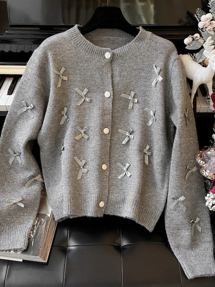 MSCSZ 2024 Autumn Grey Knitted Cardigan Sweater With Bows O-Neck Single Breasted Elegant Women Jackets Knit Cropped Coat